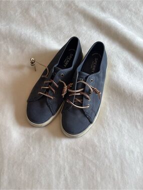 Sperry Navy Suede Boat Shoes with Brown Laces